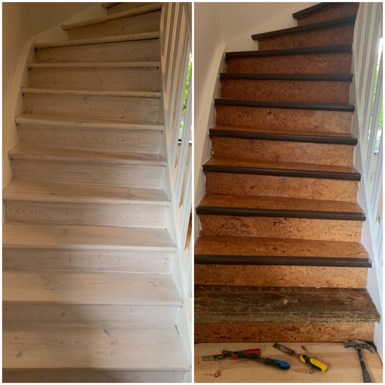 Före- och efterbild renoverad, slipad trappa